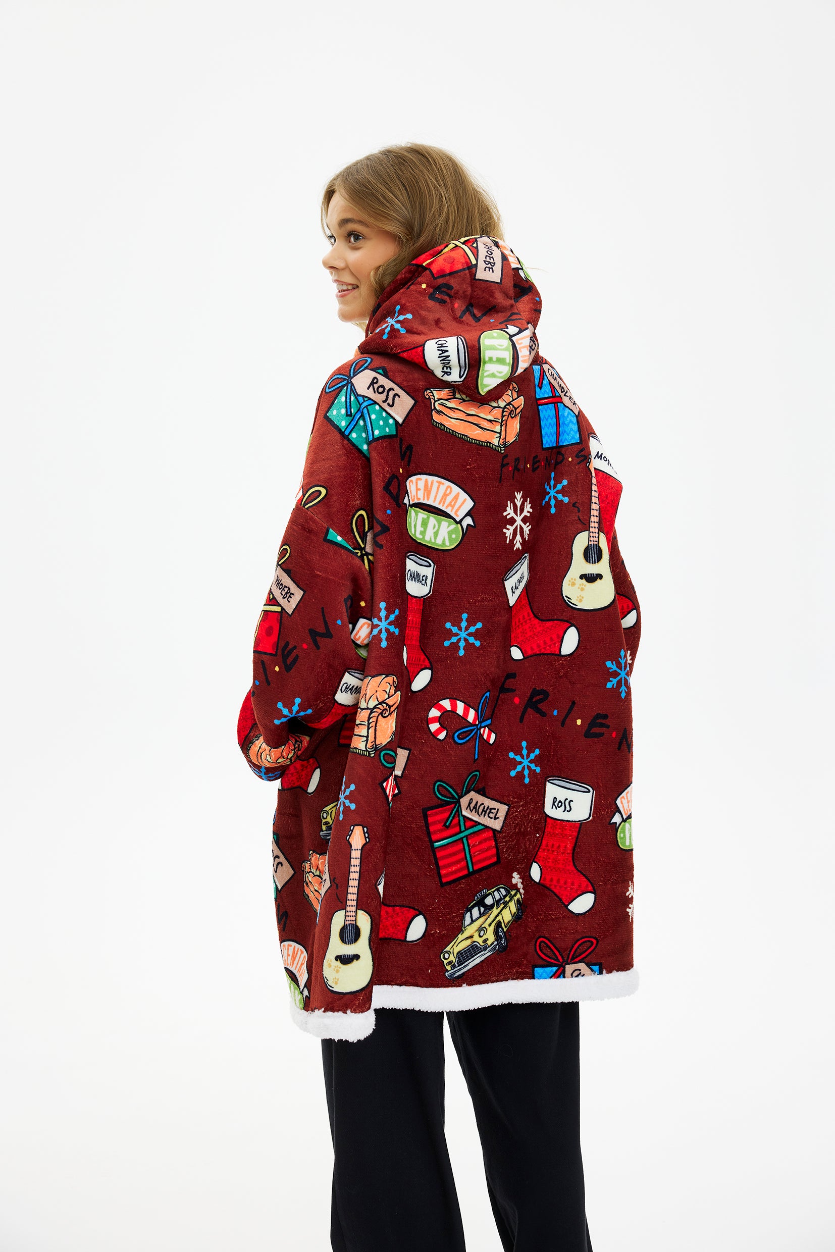 Roter Weihnachtspullover mit Geschenken, Trommeln und Gitarren, weihnachtspyjama Damen und Herren, Onesize.